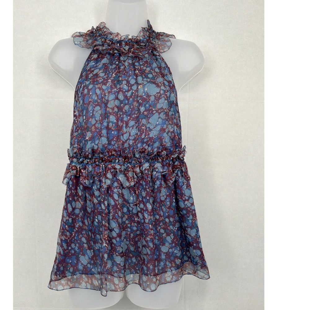 M.S.P. Medium Blue Burgundy Silk Ruffle Halter Top Boho Romantic